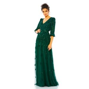 MAC DUGGAL - EMBELLISHED V NECK 3/4 SLEEVE A LINE GOWN